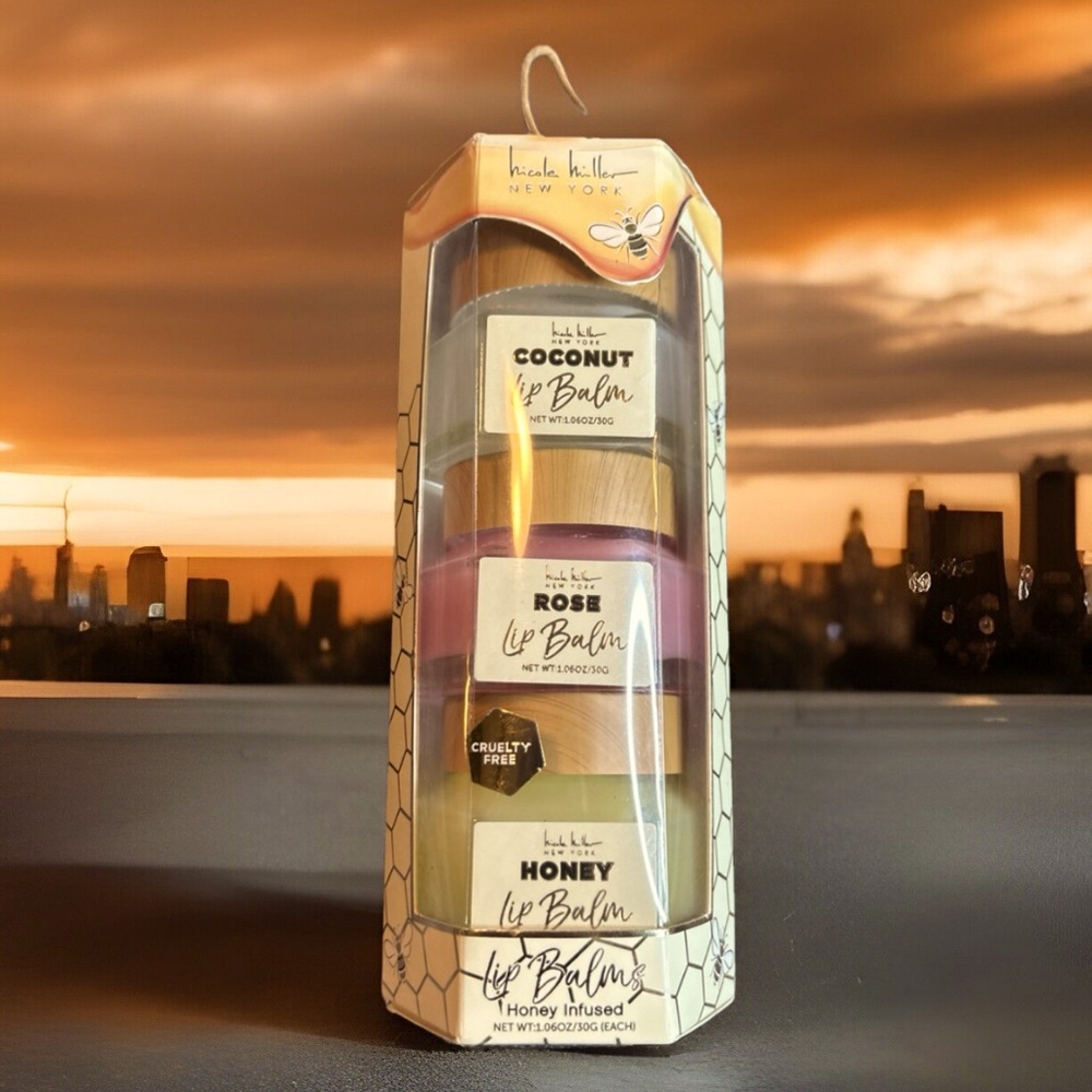 Nicole Miller Coconut, Rose, & Honey Lip Balms 3 pcs Glass Jars Set, New